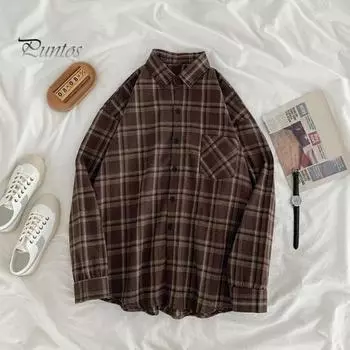 Женская рубашка с лацканами, длинным рукавом, клетчатым принтом, рубашка с карманами, однобортная рубашка свободного кроя, повседневная одежда XXL коричневый
