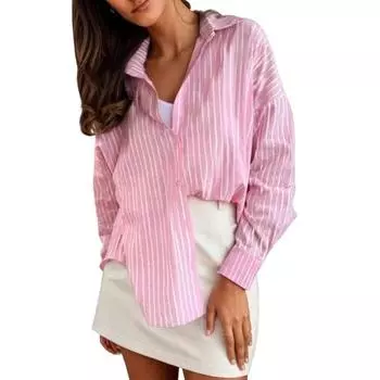 Женская рубашка с лацканами, длинным рукавом, на одной пуговице, топы средней длины, свободного кроя, повседневная одежда для работы и повседневной жизни S розовый