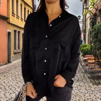Женская рубашка с лацканами, длинным рукавом, накладными карманами, однотонная, свободная, однобортная, офисная S чёрный