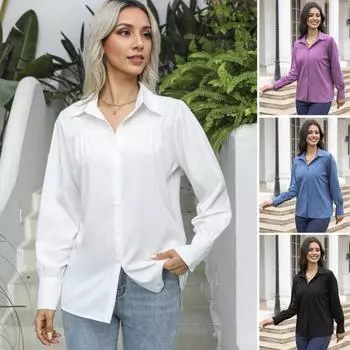 Женская рубашка с лацканами, длинным рукавом, однотонная однобортная рубашка, свободный крой, повседневные топы для работы и повседневной носки S белый