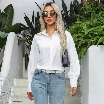 Женская рубашка с лацканами, длинным рукавом, однотонная однобортная рубашка, свободный крой, повседневные топы для работы и повседневной носки S белый