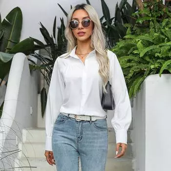 Женская рубашка с лацканами, длинным рукавом, однотонная однобортная рубашка, свободный крой, повседневные топы для работы и повседневной носки S белый