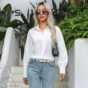 Женская рубашка с лацканами, длинным рукавом, однотонная однобортная рубашка, свободный крой, повседневные топы для работы и повседневной носки S белый