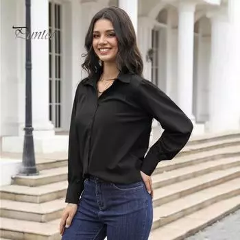 Женская рубашка с лацканами, длинным рукавом, однотонная однобортная рубашка, свободный крой, повседневные топы для работы и повседневной носки S белый