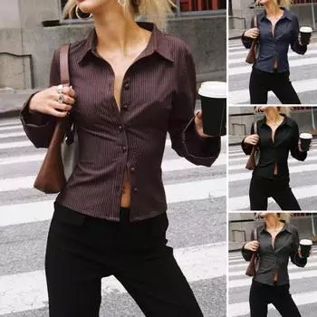 Женская рубашка с лацканами, длинным рукавом, полосатым принтом, рубашка с пуговицами, планка, облегающий крой, универсальные топы, повседневная одежда S темно-синий