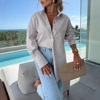 Женская рубашка с лацканами, длинным рукавом, полосатым принтом, повседневные топы, планка на пуговицах, неровный подол, свободный крой, весна-осень, рубашка S розовый