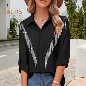 Женская рубашка с лацканами, длинным рукавом, пуговицами, планкой, стразами, кисточками, однотонная, свободная повседневная рубашка XXL розы красного