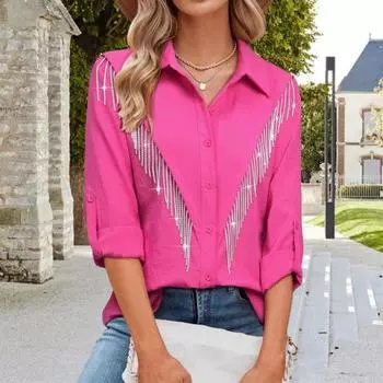 Женская рубашка с лацканами, длинным рукавом, пуговицами, планкой, стразами, кисточками, однотонная, свободная повседневная рубашка L чёрный