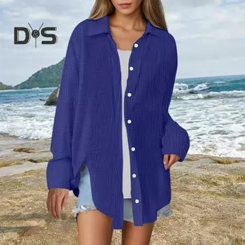 Женская рубашка с лацканами, длинным рукавом, пуговицами, планкой, однотонная, свободного кроя, легкая в уходе, мятая рубашка M темно-синий