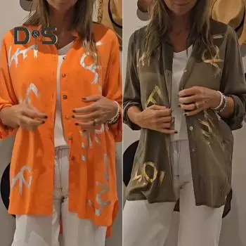 Женская рубашка с лацканами, длинным рукавом, с принтом в виде букв, свободного кроя, однобортная, дышащая, повседневная, повседневная одежда M золотистый
