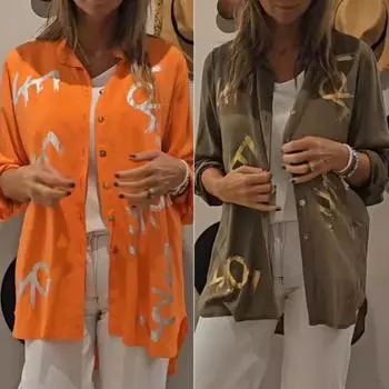 Женская рубашка с лацканами, длинным рукавом, с принтом в виде букв, свободного кроя, однобортная, дышащая, повседневная, повседневная одежда M темно-оранжевого