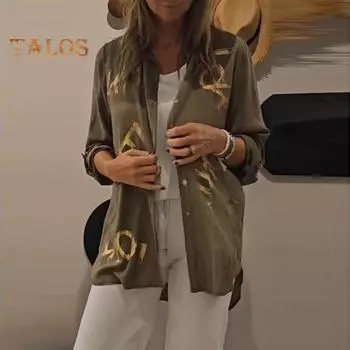 Женская рубашка с лацканами, длинным рукавом, с принтом в виде букв, свободного кроя, однобортная, дышащая, повседневная, повседневная одежда M хаки