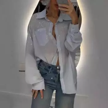 Женская рубашка с лацканами, длинным рукавом, с золотой строчкой, однобортная однотонная рубашка свободного кроя, тонкая рубашка на каждый день S розовый