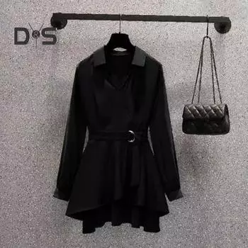 Женская рубашка с лацканами, длинным рукавом, узким поясом, пуловер, однотонный цвет, неровный подол, рубашка средней длины M чёрный