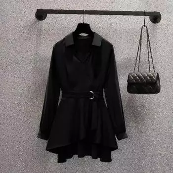 Женская рубашка с лацканами, длинным рукавом, узким поясом, пуловер, однотонный цвет, неровный подол, рубашка средней длины M белый