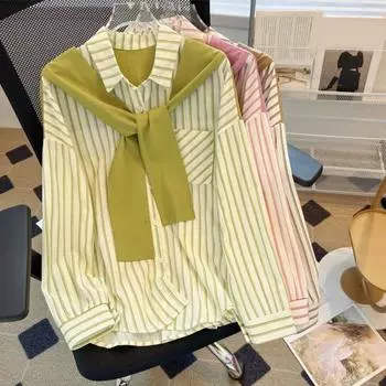 Женская рубашка с лацканами, длинным рукавом, в вертикальную полоску, имитация двухкомпонентного дизайна, рубашка с шалевым воротником на спине, свободный крой, рубашка с планкой на пуговицах, верхние части S хаки