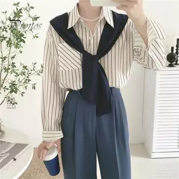Женская рубашка с лацканами, длинным рукавом, вертикальным полосатым принтом, имитация двух частей, рубашка, топы, стандартный крой, рубашка во французском стиле M хаки