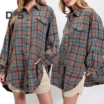 Женская рубашка с лацканами, длинными рукавами, карманами-клапанами, однобортная рубашка с потертыми краями, свободная рубашка, куртка M жёлтый