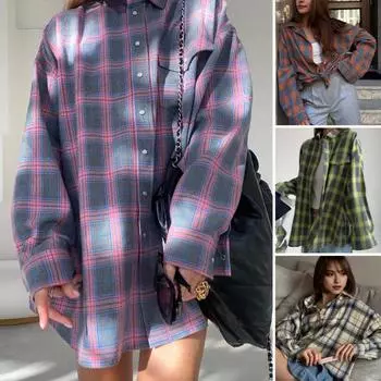 Женская рубашка с лацканами, длинными рукавами, карманами-клапанами, однобортная рубашка с клетчатым принтом, свободный крой, дышащая, удобная, повседневная рубашка M оранжевый