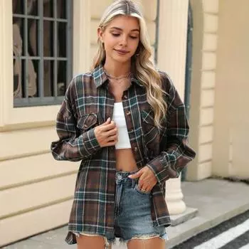 Женская рубашка с лацканами, длинными рукавами, карманами-клапанами, повседневная рубашка, однобортная, в стиле для поездок на работу, свободного кроя S кофейный