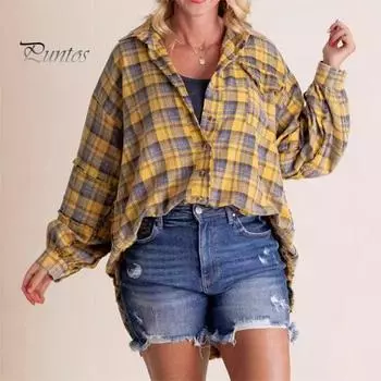 Женская рубашка с лацканами, длинными рукавами, карманами-клапанами, однобортная рубашка с потертыми краями, свободная рубашка, куртка M жёлтый