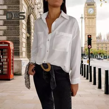 Женская рубашка с лацканами, длинными рукавами, накладными карманами, однотонная свободная однобортная офисная женская рубашка S чёрный