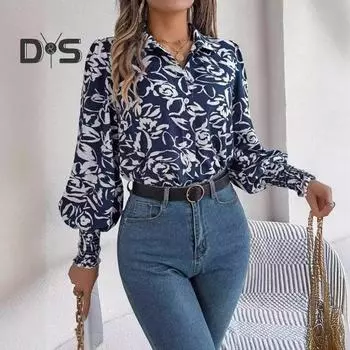 Женская рубашка с лацканами-фонариками, длинными рукавами, эластичными манжетами, повседневные топы, однобортная рубашка с цветочным узором, уличная одежда S темно-синий