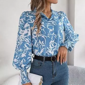 Женская рубашка с лацканами-фонариками, длинными рукавами, эластичными манжетами, повседневные топы, однобортная рубашка с цветочным узором, уличная одежда S светло-синий