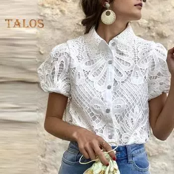 Женская рубашка с лацканами и буфами с коротким рукавом, приталенная рубашка, топы, однотонная кружевная блузка с застежкой на пуговицы, полые кружевные блузки крючком S розы красного