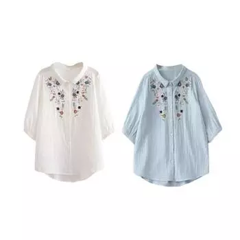 Женская рубашка с лацканами и цветочной вышивкой, рубашка с принтом, топы, однобортная свободная посадка, повседневная офисная рубашка M синий