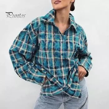 Женская рубашка с лацканами и длинным рукавом в клетку в стиле ретро, рубашка с принтом, топы, однобортный свободный крой, повседневная куртка, повседневная одежда S темно-синий