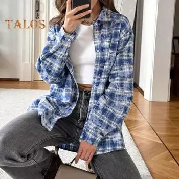 Женская рубашка с лацканами и длинным рукавом в клетку в стиле ретро, рубашка с принтом, топы, однобортный свободный крой, повседневная куртка, повседневная одежда S хаки