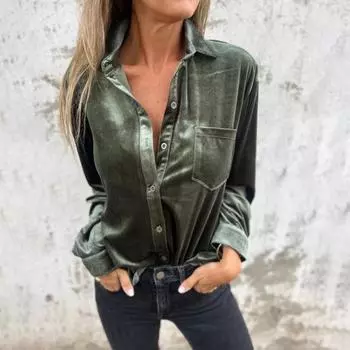 Женская рубашка с лацканами и длинным рукавом, однотонная золотистая бархатная рубашка свободного кроя, однобортный повседневный топ M красный/фиолетовый