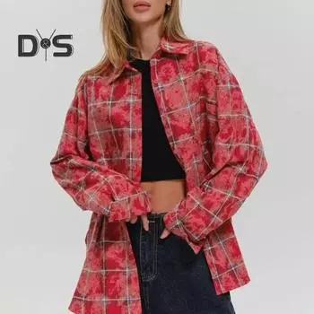 Женская рубашка с лацканами и длинным рукавом в клетку в стиле ретро, рубашка с принтом, топы, однобортный свободный крой, повседневная куртка, повседневная одежда M хаки