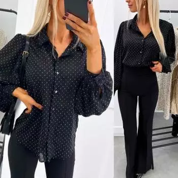 Женская рубашка с лацканами и длинным рукавом, однобортная рубашка, повседневная, для поездок на работу, свободный крой S чёрный