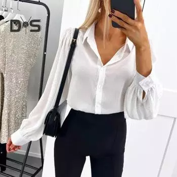 Женская рубашка с лацканами и длинным рукавом, однобортная рубашка, повседневная, для поездок на работу, свободная рубашка, повседневная одежда S белый