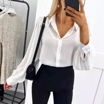 Женская рубашка с лацканами и длинным рукавом, однобортная рубашка, повседневная, для поездок на работу, свободная рубашка, повседневная одежда S белый