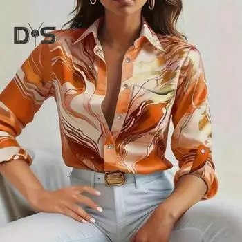 Женская рубашка с лацканами и длинным рукавом, однобортная рубашка с принтом, весна-осень, блузка в пригородном стиле S розы красного