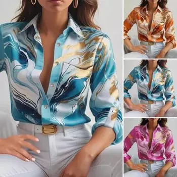 Женская рубашка с лацканами и длинным рукавом, однобортная рубашка с принтом, весна-осень, блузка в пригородном стиле S синий