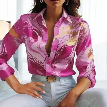 Женская рубашка с лацканами и длинным рукавом с принтом, однобортная рубашка, весна-осень, для поездок на работу S синий