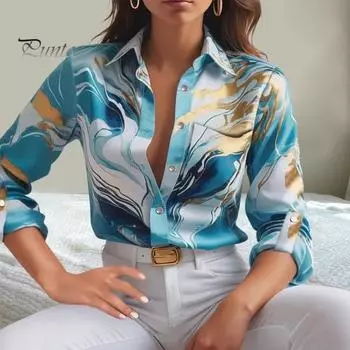 Женская рубашка с лацканами и длинным рукавом, однобортная рубашка с принтом, весна-осень, блузка в пригородном стиле S оранжевый