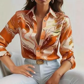 Женская рубашка с лацканами и длинным рукавом, однобортная рубашка с принтом, весна-осень, блузка в пригородном стиле S синий