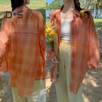 Женская рубашка с лацканами и длинными рукавами, клетчатая рубашка с принтом, топы, тонкая однобортная прозрачная солнцезащитная рубашка, повседневная одежда L розовый