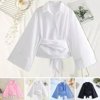 Женская рубашка с лацканами и длинными рукавами на шнуровке и пуговицами, повседневная рубашка в повседневном стиле, однотонные рабочие топы M белый