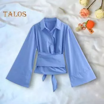Женская рубашка с лацканами и длинными рукавами на шнуровке и пуговицами, повседневная рубашка в повседневном стиле, однотонные рабочие топы M синий