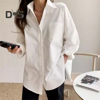 Женская рубашка с лацканами и длинными рукавами, рубашка на пуговицах с накладными карманами, свободная посадка, однотонная повседневная рубашка, рабочая одежда L белый