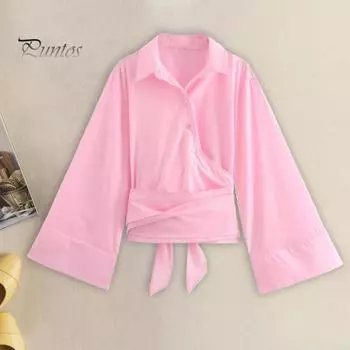 Женская рубашка с лацканами и длинными рукавами на шнуровке и пуговицами, повседневная рубашка в повседневном стиле, однотонные рабочие топы M белый