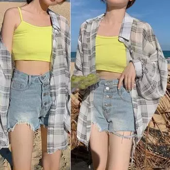 Женская рубашка с лацканами и клетчатым принтом, однобортная рубашка, топы, тонкая прозрачная рубашка с длинными рукавами и защитой от солнца, повседневная L розовый