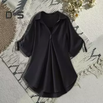 Женская рубашка с лацканами и половиной рукава, повседневные топы средней длины, сплошной цвет с талией, обтягивающая свободная шифоновая блузка, повседневная одежда XXL чёрный
