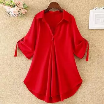 Женская рубашка с лацканами и половиной рукава, повседневные топы средней длины, сплошной цвет с талией, обтягивающая свободная шифоновая блузка, повседневная одежда XL чёрный